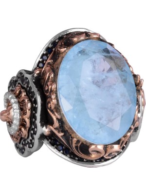 Açık Mavi Paraiba Oluşturulmuş Taş Yüzük, 925 Ayar Gümüş Yüzük, Aslan Sembolü Yüzük