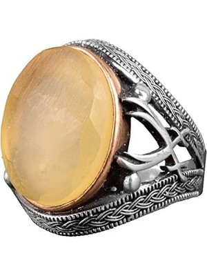 Doğal Taş Erkek Yüzüğü, Kılıç Yüzüğü, 925 Ayar Gümüş Erkek Yüzüğü (Kehribar)