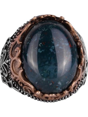 Doğal Taş El Yapımı Yüzük - 925 Ayar Gümüş El Yapımı Yüzük - Şık Farklı Yüzük (Yeşil Kan Taşı)