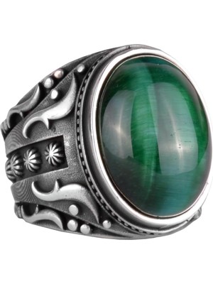Yeşil Kedi Gözü Yapay Taş Yüzük, 925 Ayar Gümüş Yüzük, Tasarım Gümüş Erkek Yüzüğü