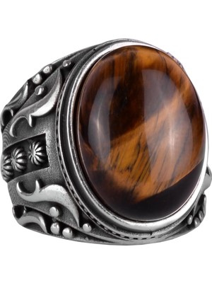 El Yapımı Kaplan Göz Taşı Yüzük, 925 Ayar Sert Gümüş Erkek Yüzüğü, Cesur Tasarım