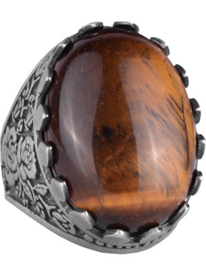 Gerçek Doğal Taş Yüzük - Gül Desenli Yüzük - 925 Ayar Gümüş Yüzük - El Yapımı Büyük Yüzük (Kaplan Göz)