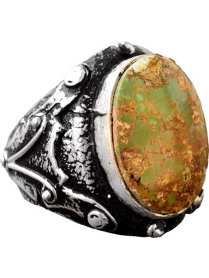 925 Ayar Gümüş Arizona Turkuaz Taşlı Bizans Erkek Yüzüğü - El Yapımı Takı (Tarz-2)