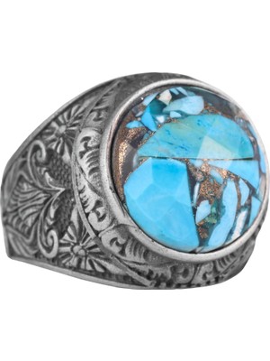 Doğal Turkuaz Taşlı, Ayrıntılı Çiçek Tasarımlı Gümüş Erkek Yüzük