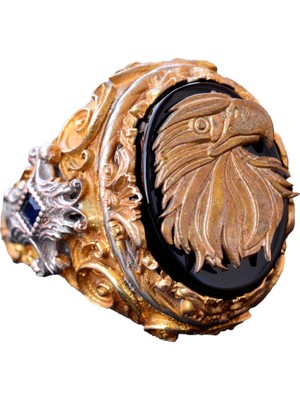 El Yapımı Oniks Yüzük - 925 Ayar Katı Sterlin Gümüş Erkek Altın Kaplama Yüzük (Kartal)