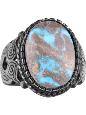 Doğal Arizona Turkuaz Baykuş Figürlü Taş Yüzük, Gümüş Erkek Yüzüğü - El Yapımı Tasarım (Model-1)