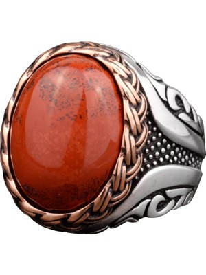 Doğal Kan Taşı Taşlı, El Yapımı Yüzük, Sterling Gümüş Erkek Yüzüğü