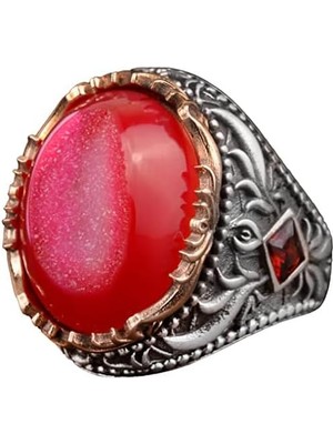 Vintage Erkek 925 Ayar Gümüş Yüzük Druzy Kuvars, Kırmızı