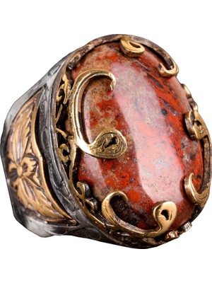 925 Ayar Gümüş Erkek Yüzük - Doğal Kan Taşı Osmanlı Etkili Tasarım