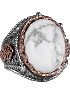 Gerçek Doğal Howlite Taş Yüzük, 925 Ayar Katı Gümüş Erkek Yüzüğü
