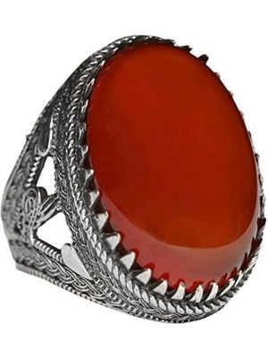 Erkekler Için Sterling Gümüş Yüzük - Doğal Akik Taşı ile Osmanlı Tuğra Tasarımı