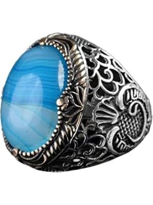 Erkekler Için Doğal Mavi Akik Taşı Yüzük, 925 Ayar Gümüş El Yapımı Osmanlı Tarzı, Şifa Kristali Takı
