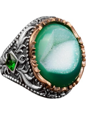 Vintage Erkek 925 Ayar Gümüş Yüzük, Doğal Druzy Kuvars Taş