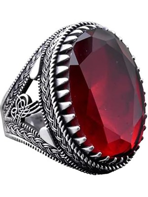 925 Ayar Gümüş Erkek Osmanlı Mühür Yüzük Yapay Granat Taşı ile