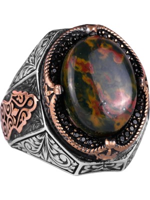 Doğal Yeşil Kan Taşı Taş Yüzük - 925 Ayar Gümüş Yüzük Erkekler Için, Farklı Yüzük