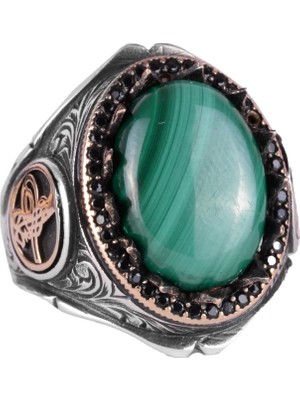 925 Ayar Saf Gümüş Erkek Yüzük - Doğal Taşlarla El Yapımı Şıklık (Malakit Taşı)