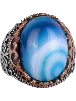 Doğal Taş El Yapımı Yüzük - 925 Ayar Gümüş El Yapımı Yüzük - Şık Farklı Yüzük (Mavi Akik)