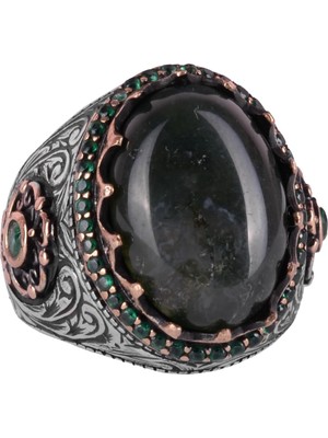 Doğal Taş Yüzük - 925 Ayar Gümüş El Yapımı Yüzük (Yosun Agate)