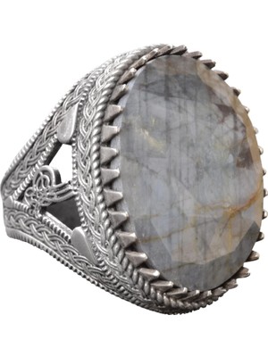 925 Ayar Gümüş Erkek Yüzük ile Doğal Labradorit Taşı - Detaylı Etnik Tasarım - El Yapımı Gümüş Yüzük