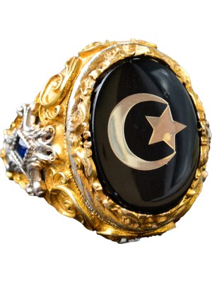 Erkekler Için Altın Kaplama Gümüş Yüzük  - Yüzük (Yıldız ve Hilal)