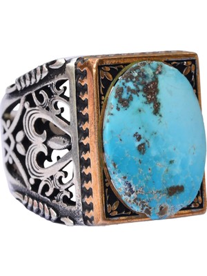 Doğal Arizona Turkuaz Taşlı Erkek Yüzük - Gümüş