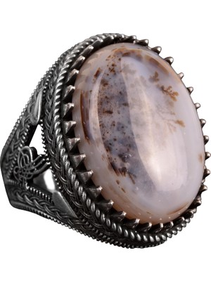 925 Ayar Gümüş Erkek Yüzük, Doğal Yemen Akik Taşı Yüzük, Oval Tuğra Yüzük