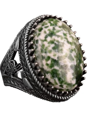 925 Ayar Gümüş Erkek Yüzük, Doğal Yeşim Taşı Yüzük, Oval Benekli Yeşim