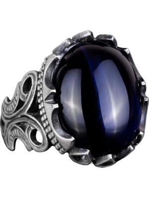 925 Ayar Gümüş Erkek Yüzük - Farklı Yapay Taş Seçenekleri ile Mevcuttur (Lacivert Kedi Gözü Yapay Taş)