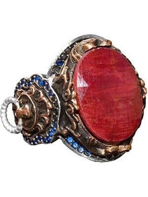 El Yapımı 925 Ayar Gümüş Erkek Yüzük, Taşlı Yüzük, Aslan Tasarımı, Altın Kaplama Doğum Taşı Yüzüğü (Doğal  Yakut)