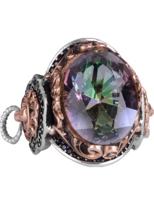 Mistik Topaz Yapay Taş Yüzük, Aslan Başı Erkek Yüzüğü, 925 Ayar Gümüş Yüzük, Tasarım Gümüş Erkek Yüzüğü