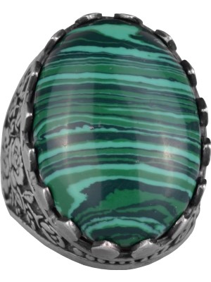 Doğal Taş Yüzük - Gül Desenli Yüzük - 925 Ayar Gümüş Yüzük - El Yapımı Büyük Yüzük (Malaşit)