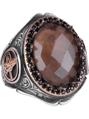 925 Ayar Katı Gümüş Erkek Yüzük Doğal Taşlarla - El Yapımı Zarafet (Dumanlı Kuvars Taşı)