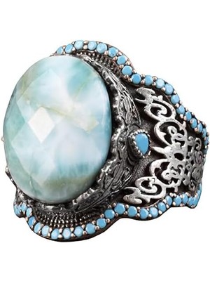 El Yapımı 925 Ayar Gümüş Erkek Yüzük Doğal Larimar Taşı ile - Zarif Tasarım