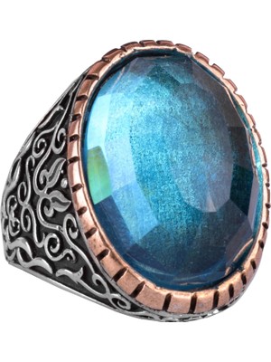 Yapay Taş Yüzük, 925 Ayar Gümüş Erkek Yüzük, Büyük Yüzük (Yapay Akuamarin Taşı)