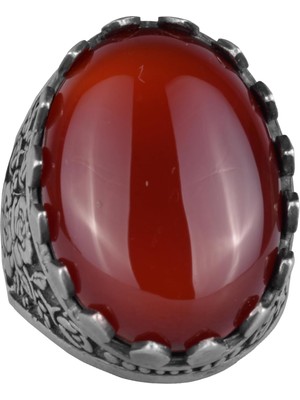 Doğal Taş Yüzük - Gül Desenli Yüzük - 925 Ayar Gümüş Yüzük - El Yapımı Büyük Yüzük (Kırmızı Akik)