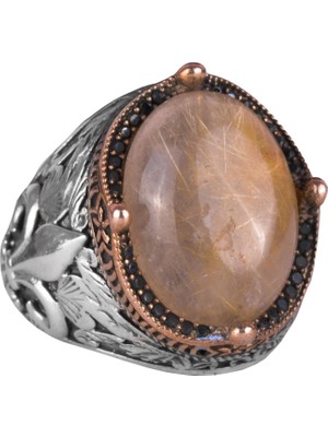 925 Ayar Gümüş El Yapımı Erkek Yüzük - Çeşitli Doğal Taşlarla Mevcuttur (Cabochon Altın Rutilatlı Kuvars)