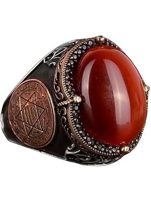 El Yapımı Sterlin Gümüş Yüzük ile Doğal Karnelyan Taşı ve Süleyman Yıldızı Sembolü