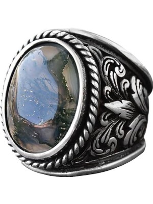 925 Ayar Gümüş Yüzükler - Doğal Agat Taşı (Moss Agate)