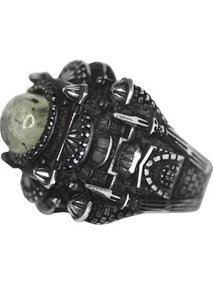 Erkekler Için Lüks 925 Ayar Gümüş Yüzük, Doğal Prehnit Jade Taşı - Şık ve Görkemli Tasarım