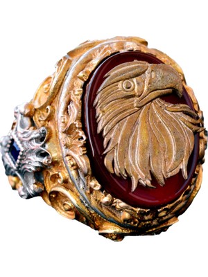 El Yapımı Yüzük - 925 Ayar Katı Gümüş Erkek Altın Kaplama Takı (Şahin)