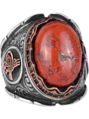 Osmanlı Tuğrası Gümüş Yüzük, 925 Ayar Saf Gümüş Yüzük, El Yapımı Doğal Kırmızı Kan Taşı Yüzük