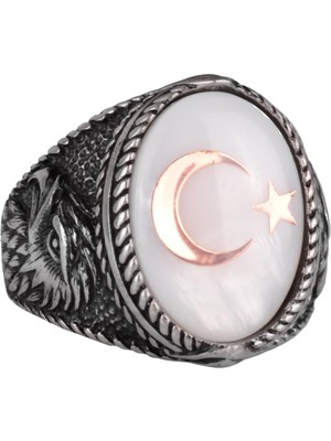 Erkekler Için Ay Yıldız Kartal Yüzüğü - 925 Ayar Gümüş Yüzük Doğal Sedef Taşlı- Hilal ve Yıldız Tasarımı - Türk Ay Yıldız Bayrağı Kartal Tasarım Yüzüğü (Beyaz)