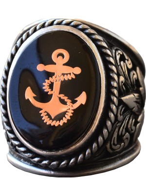 925 Ayar Gümüş Zambak Desenli Büyük Erkek Yüzüğü - Gemi Çapası Nautical Yüzük