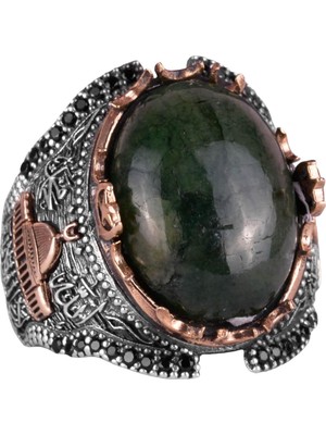 Mescidi Aksa Desenli, Cabochon Zümrüt Taşlı Yüzük, 925 Ayar Saf Gümüş Erkek Yüzüğü