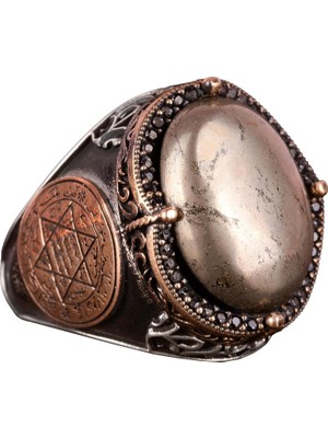 Doğal Pirit Taşlı Yüzük, Süleyman Mühürü Yüzüğü - 925 Ayar Katı Gümüş Erkek Yüzüğü