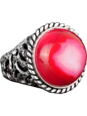 Erkekler Için 925 Ayar Gümüş Yüzük, Doğal Druzy Kuvars: Mavi, Yeşil, Kırmızı Varyasyonlar (Kırmızı)