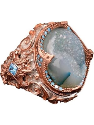 Doğal Drusy Kristal Kuvars Taş Yüzük, 925 Ayar Gümüş Yüzük Erkekler Için