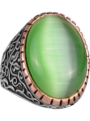 925 Ayar Gümüş Erkek Yüzük, Büyük Yüzük (Açık Yeşil Kedi Gözü Taş)