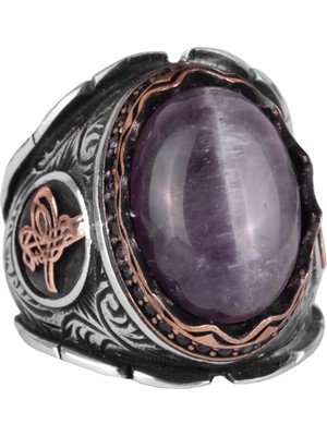 Osmanlı Tuğra Doğal Ametist Taşlı Yüzük, Gümüş Yüzük, 925 Ayar Sert Gümüş Erkek Yüzüğü