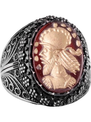 Doğal Agat Taşından Şaman Yüzüğü - Oymalı Taş Amerikan Baş Şef Yüzüğü, 925 Ayar Gümüş Erkek Yüzüğü